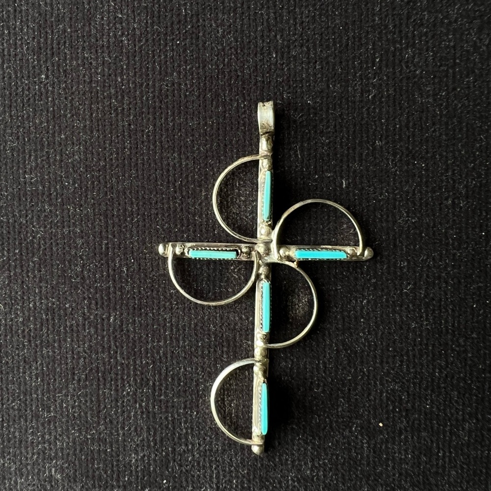 Zuni Petit Needle Point Turquoise Cross Pendant